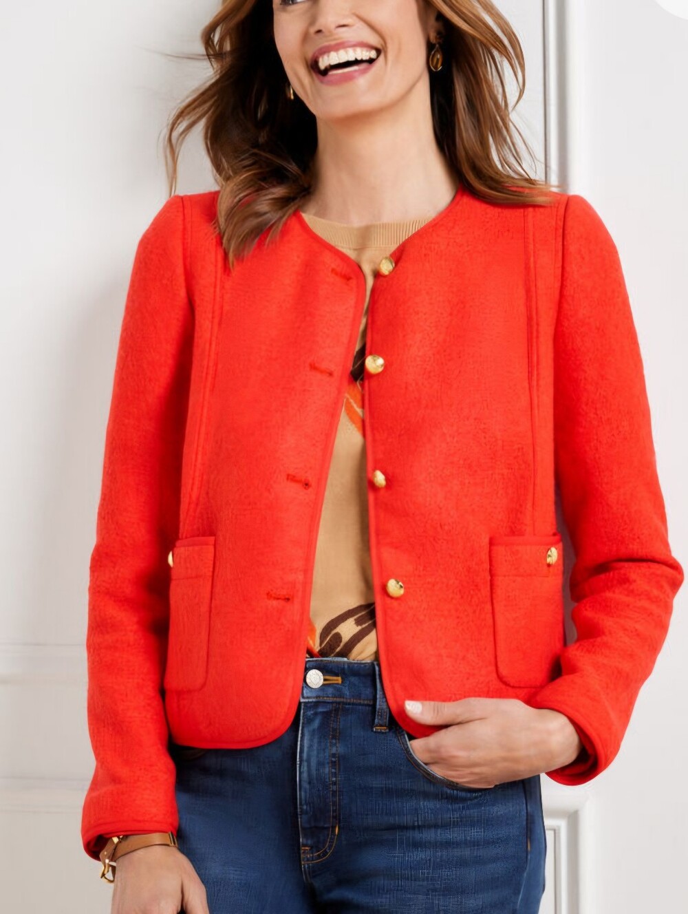 Talbots Vibrant Coral-Red Wool Blazer with Gold Buttons Size 10p
